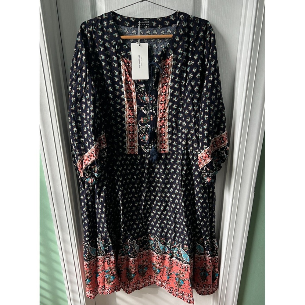 Bloomchic Womens Dress Floral Tassel Pockets Half Sleeve Boho Peasant Size 26 4X